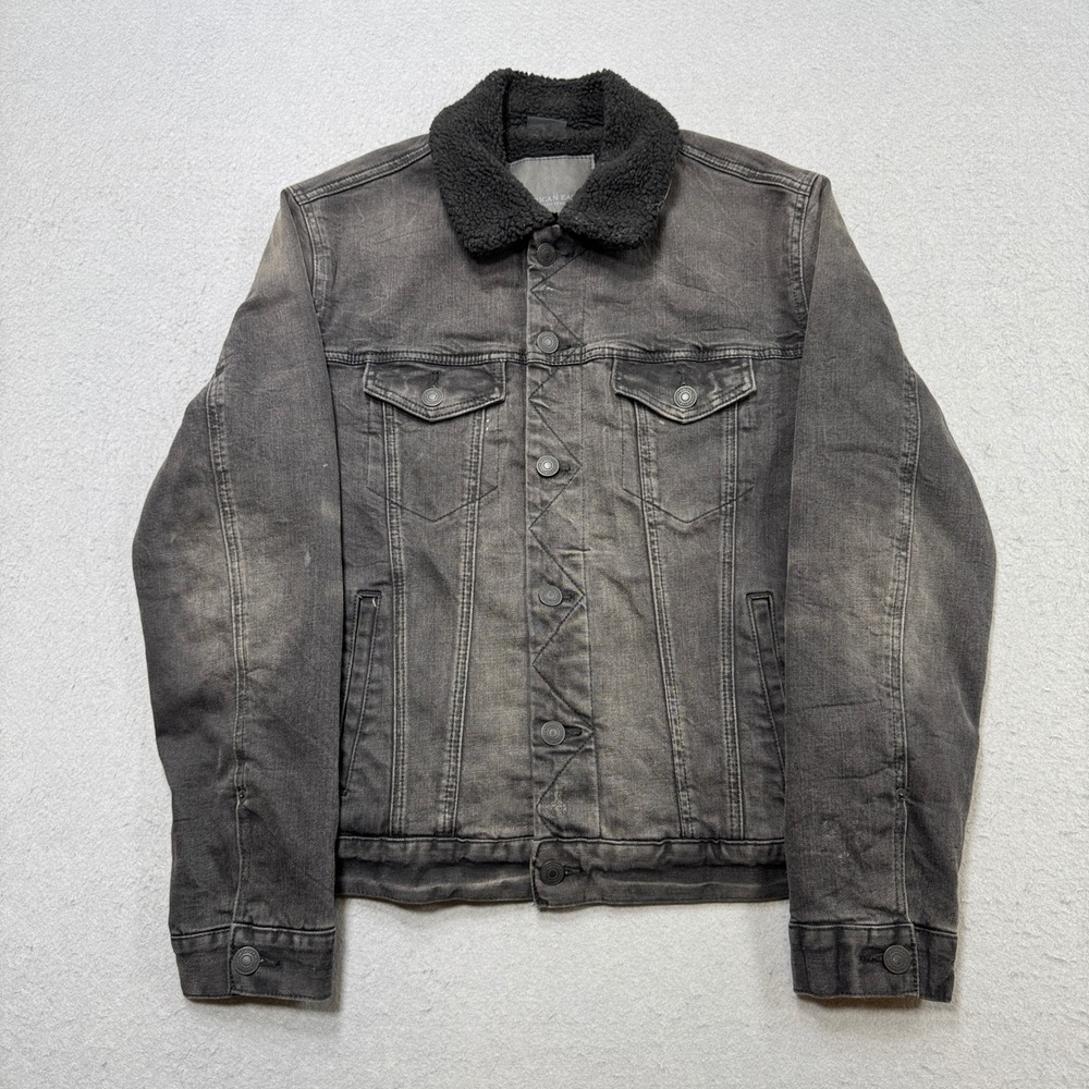 American Eagle Outfitters Men's Black Washed Sherpa Collar Denim Jacket